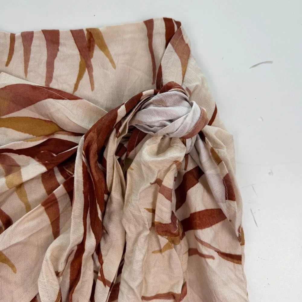 Tropical Palm Print Faux Wrap Mini Skirt Side Tie Cream Terracotta Large